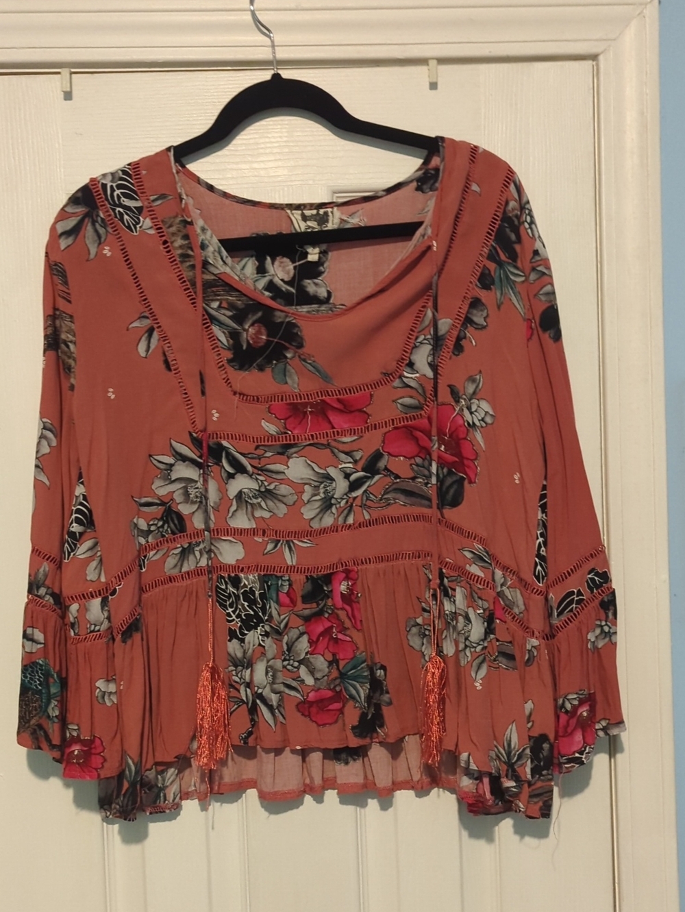 Rust Floral Peasant Blouse with Tassel Detail - Women Tops
